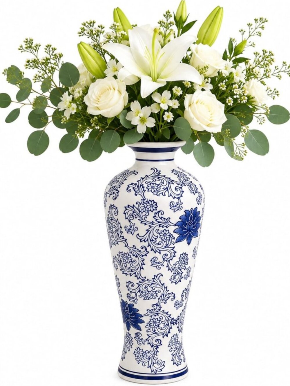 Hand-Painted 20" Tall Blue Lotus Ceramic Vase - Elegant White Decorative Floral
